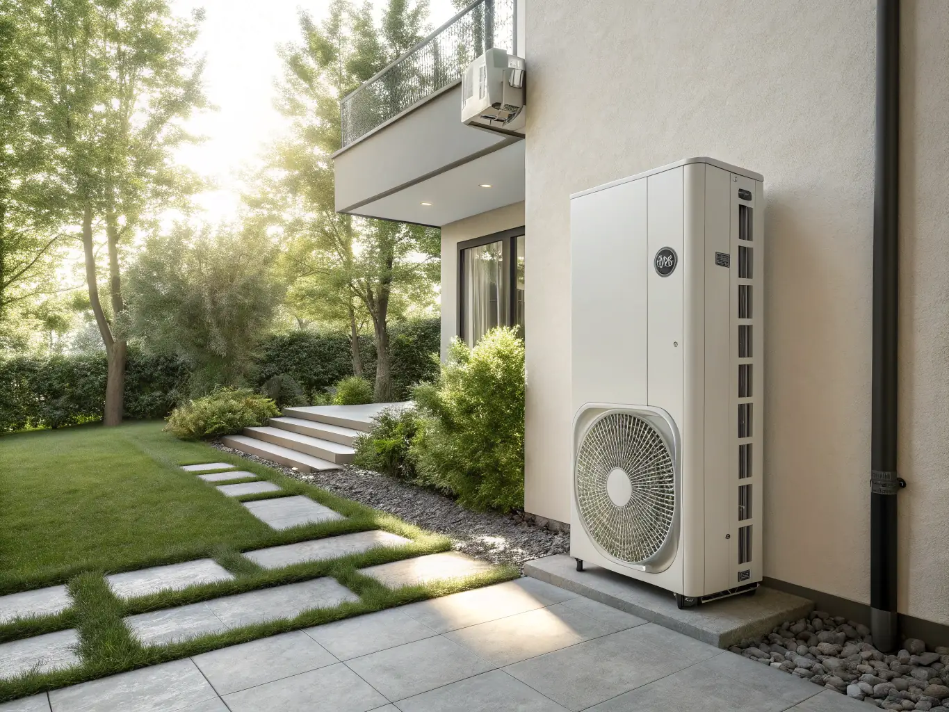 A modern, energy-efficient heat pump installed in a residential home, showcasing its sleek design and environmental benefits.