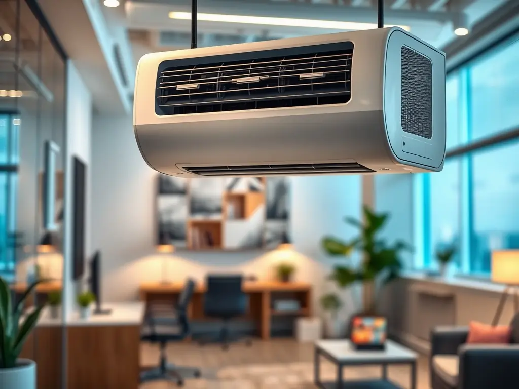 A modern air conditioning unit installed in an office space, providing comfortable and energy-efficient cooling. The interior is bright and well-lit, highlighting the system's seamless integration.